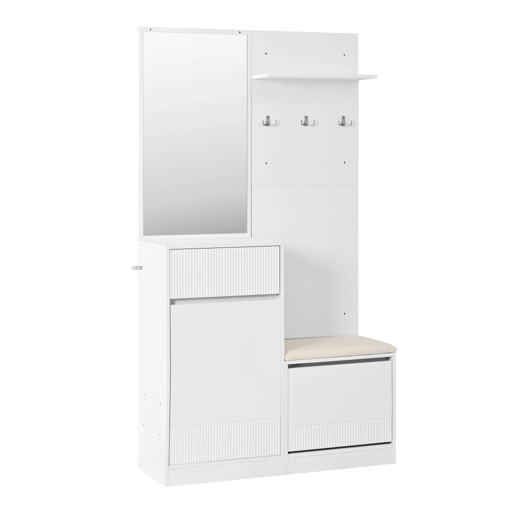 Guardaroba da ingresso 105x38x190 cm con scarpiera, specchio e LED in MDF bianco