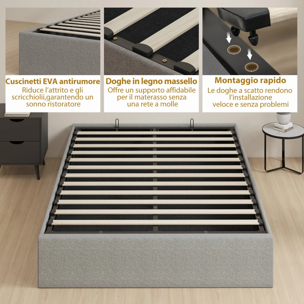 Letto Contenitore Matrimoniale 190x140 cm Doghe in Legno Pistone a Gas e Rivestimento in Tessuto Grigio
