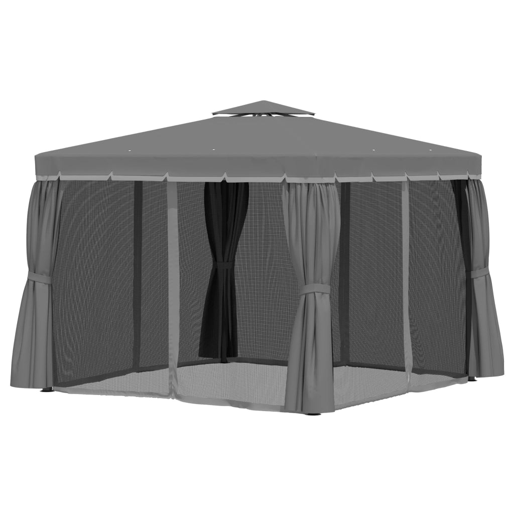 Gazebo da giardino 3 x 3 m con telaio in alluminio, doppio tetto ventilato, tende e zanzariere, grigio scuro
