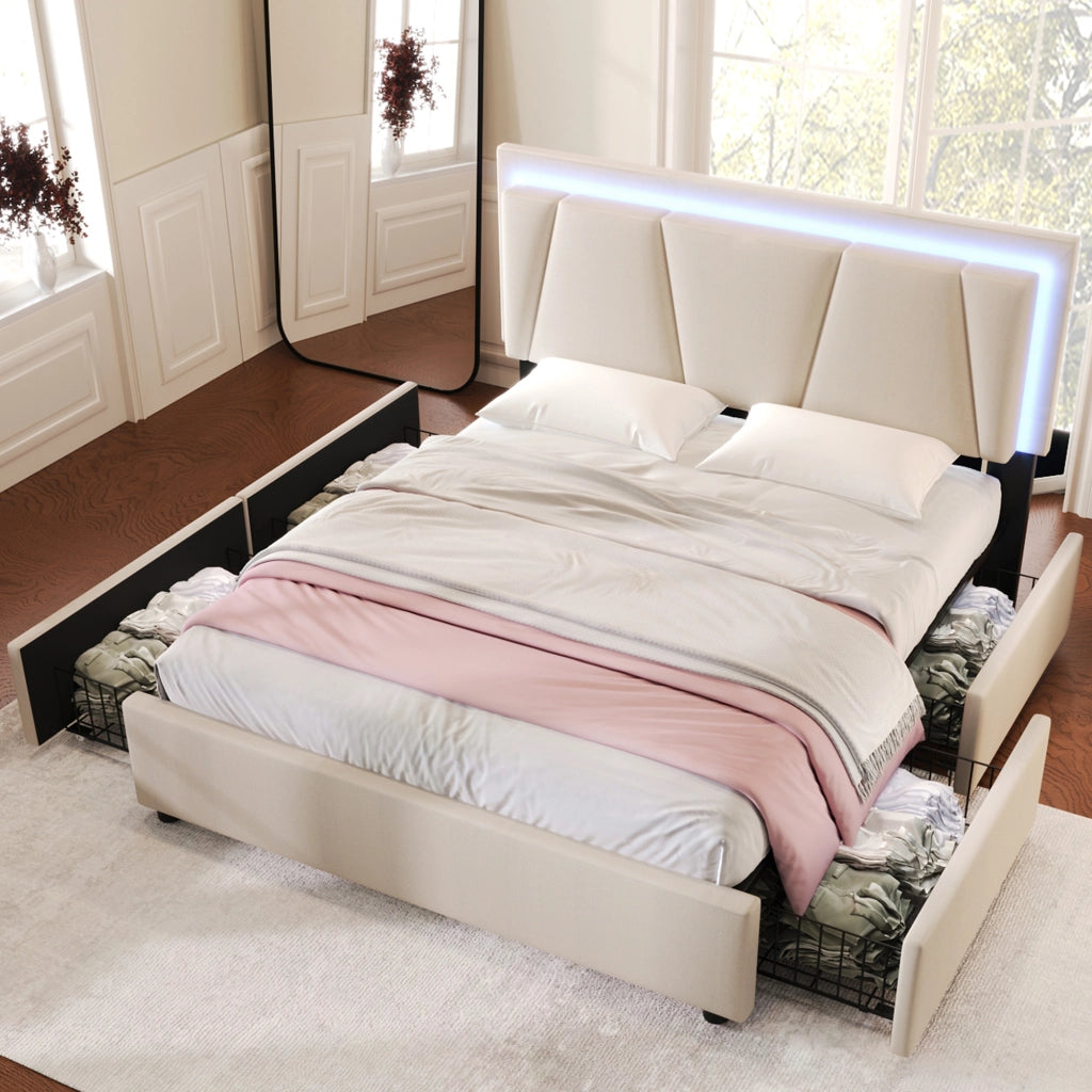 Letto con cassetti 140 × 200 cm con testiera regolabile LED e rete a doghe in legno beige