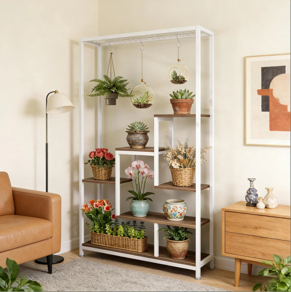 YEAVIO Scaffale per Piante a 5 Livelli con Telaio in Metallo e Ripiani in Truciolato, Porta Piante Interno, Scaffale per Libri e Decorazioni