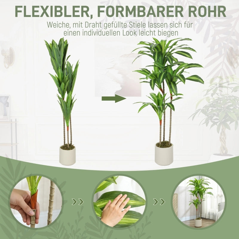 Dracaena artificiale 120 cm con fusti modellabili e vaso bianco in PP; pianta decorativa verde per casa e ufficio