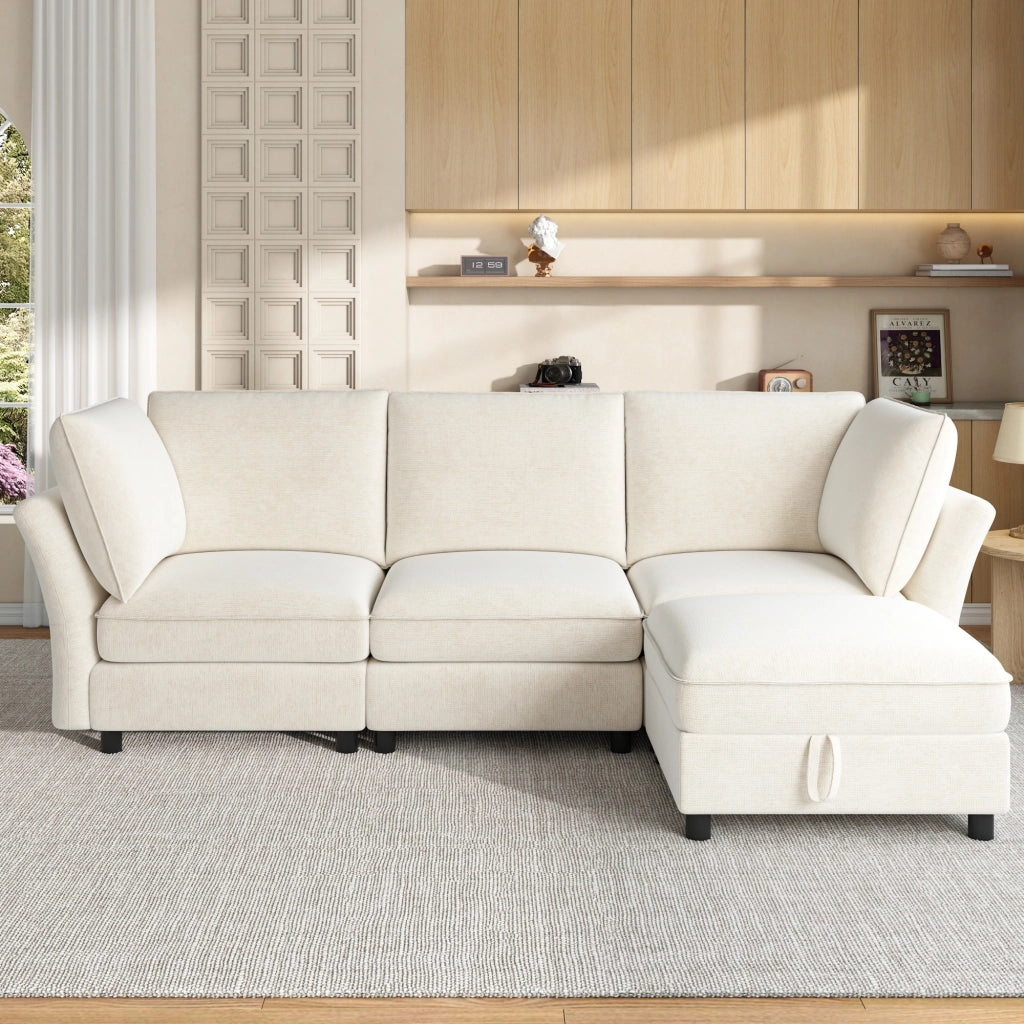 Divano modulare angolare 4 posti - con pouf contenitore e 2 cuscini - in chenille beige
