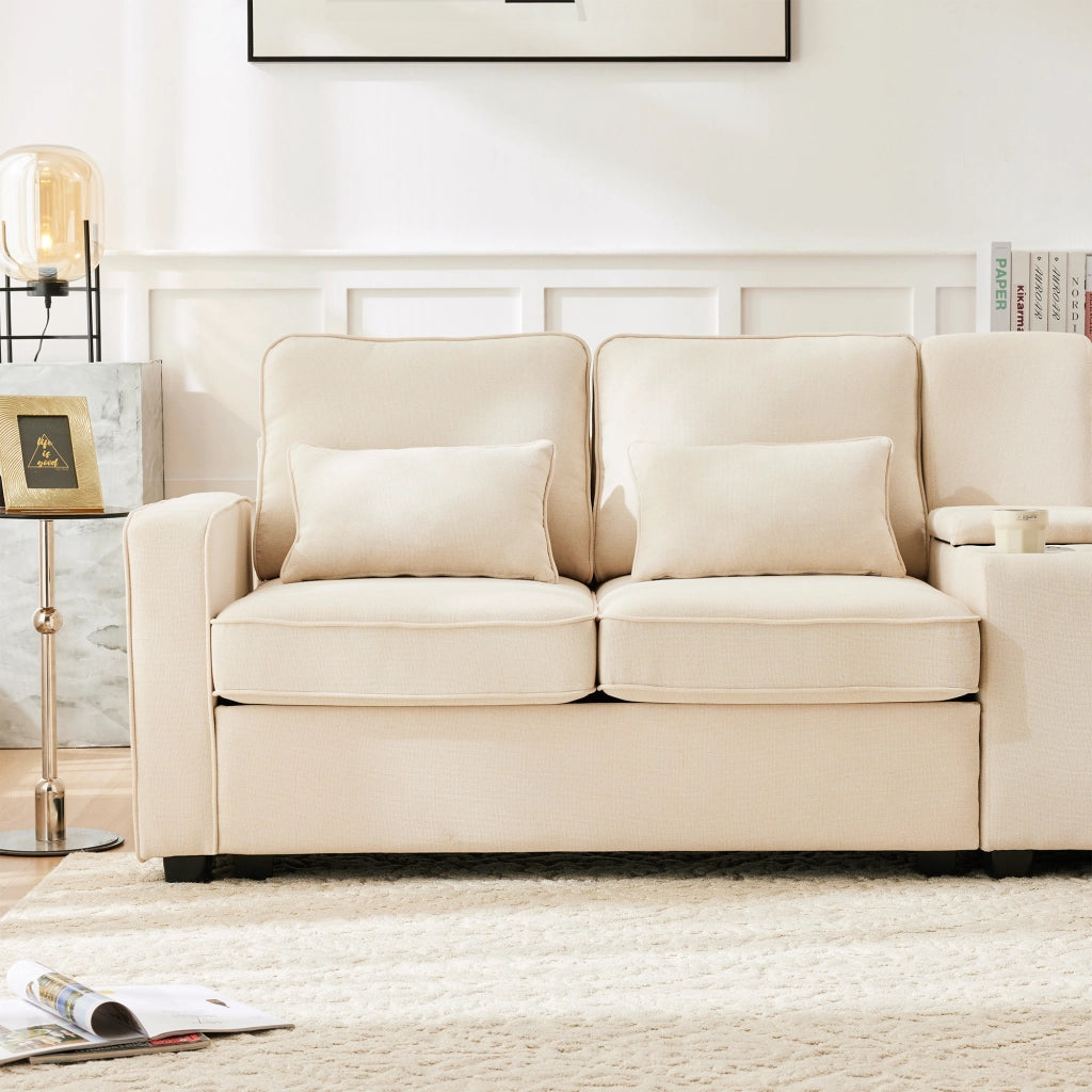 Divano 4 Posti 290 cm con Consolle; 2 Portabicchieri; 2 USB; Tasche Laterali e 4 Cuscini; Beige
