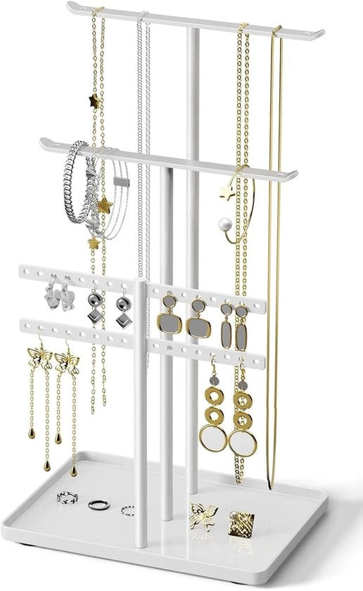 Display per gioielli in metallo robusto - 3 livelli - Organizzatore per collane/orecchini/bracciali - 32 cm alto - Decorazione camerale estetica - Grande capacità - Supporto per gioielli