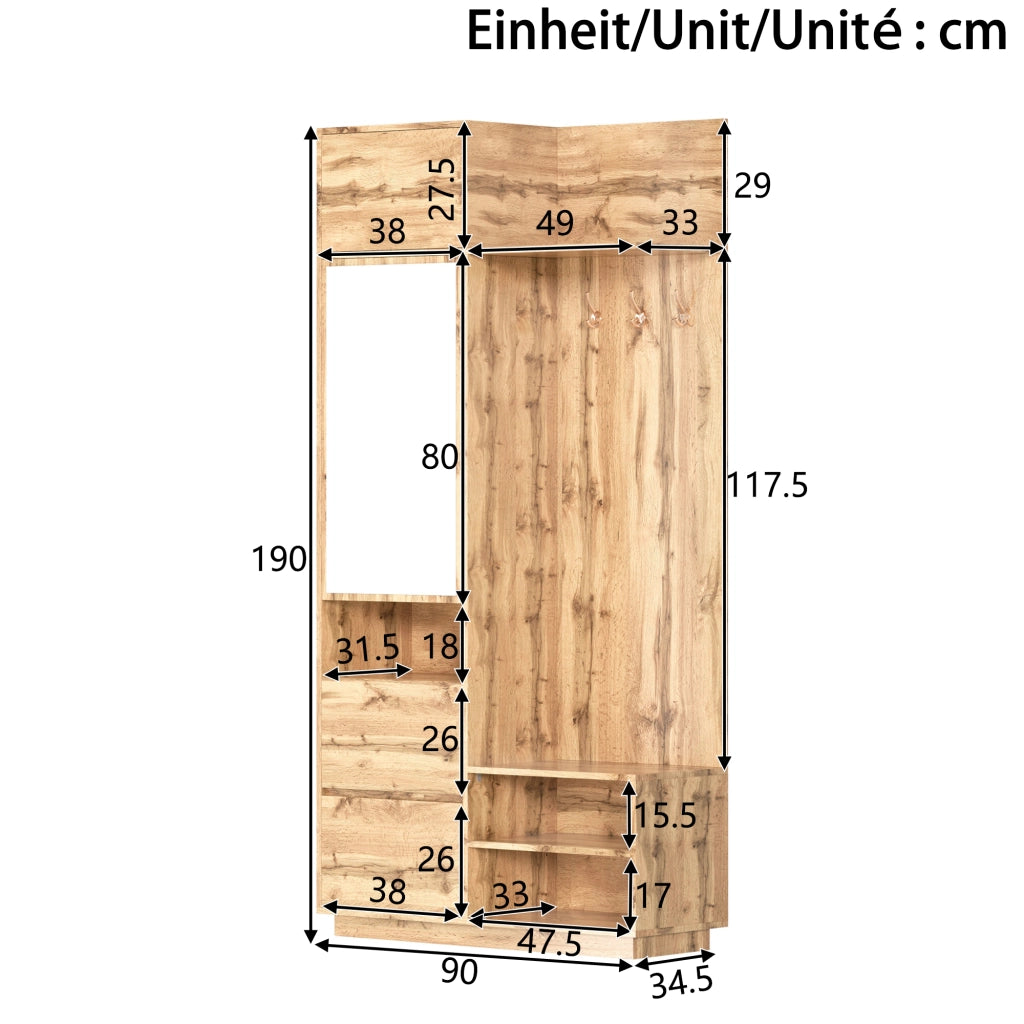 Mobile Ingresso con Specchio; Panchina e Appendiabiti con Cassetti e Scarpiera a Ripiani; MDF; Naturale; 90??34;5??190 cm
