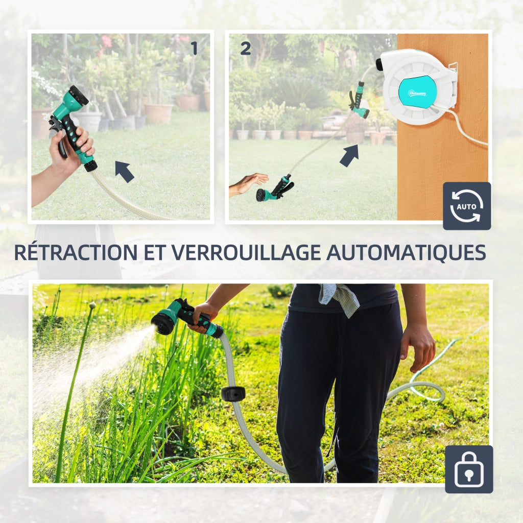 Avvolgitubo Automatico da Parete per Giardino 25+2 m Orientabile 180° 7 Getti Grigio Chiaro 55 x 20 x 42 cm