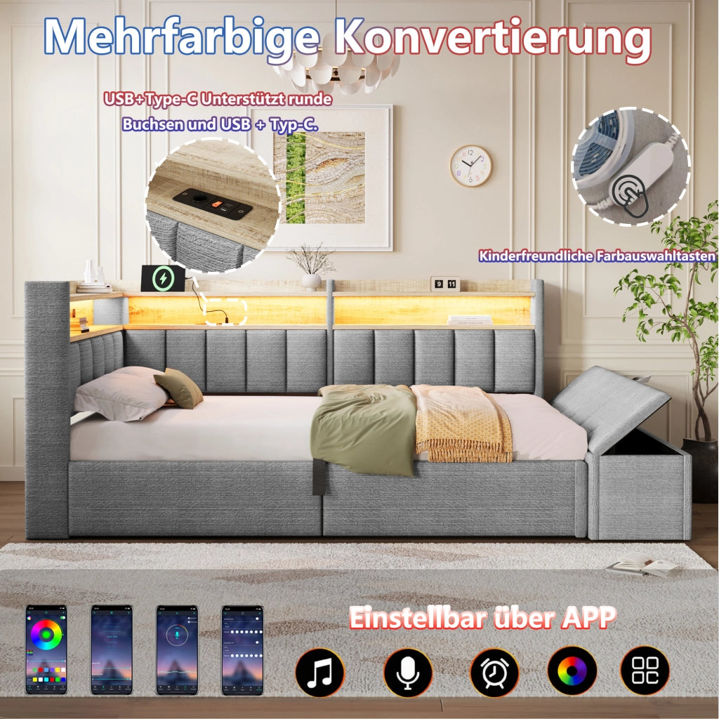 Daybed Imbottito 90x200 cm con Sollevamento Idraulico; Vano Contenitore; LED; USB; Grigio
