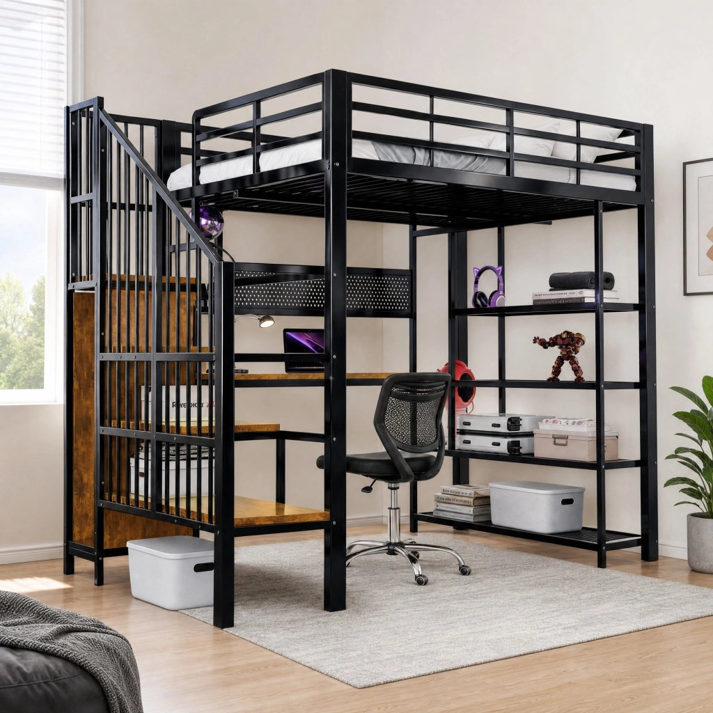 Letto a soppalco 140 × 200 cm con scrivania; scala con vani; LED; presa europea e scaffale in metallo nero