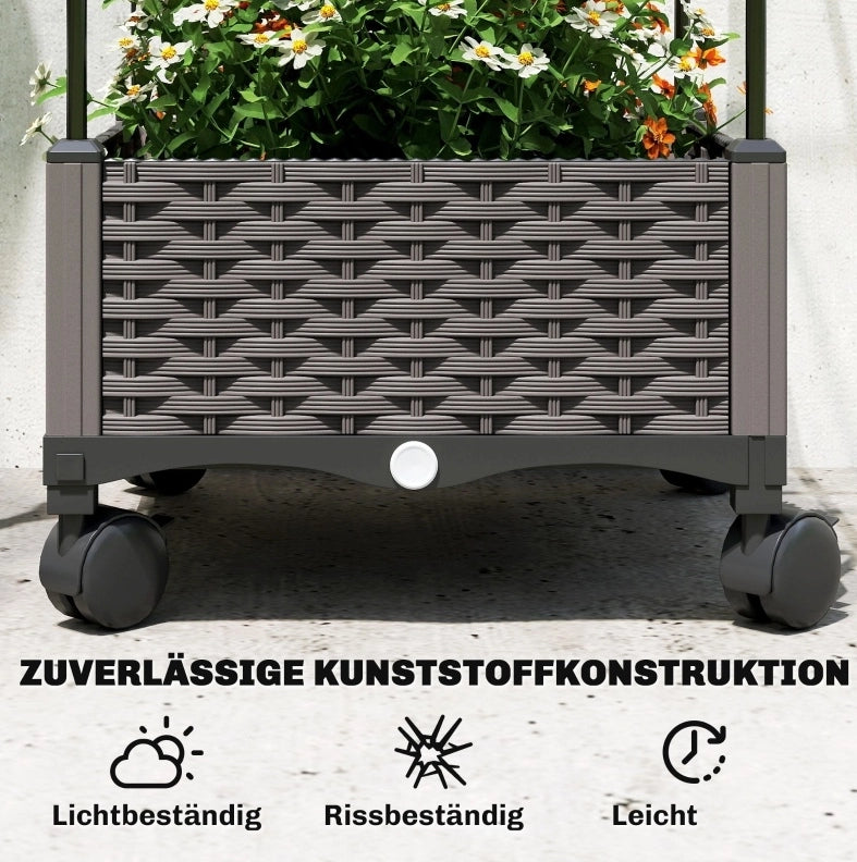 Fioriera mobile 40x40x185 cm in PP e acciaio nero con grigliato e ruote