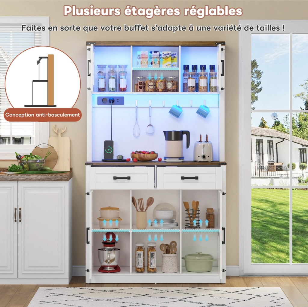 Mobile bar rustico con illuminazione LED regolabile, 2 ampi cassetti e ripiani regolabili, buffet da cucina bianco con design a porta da fienile