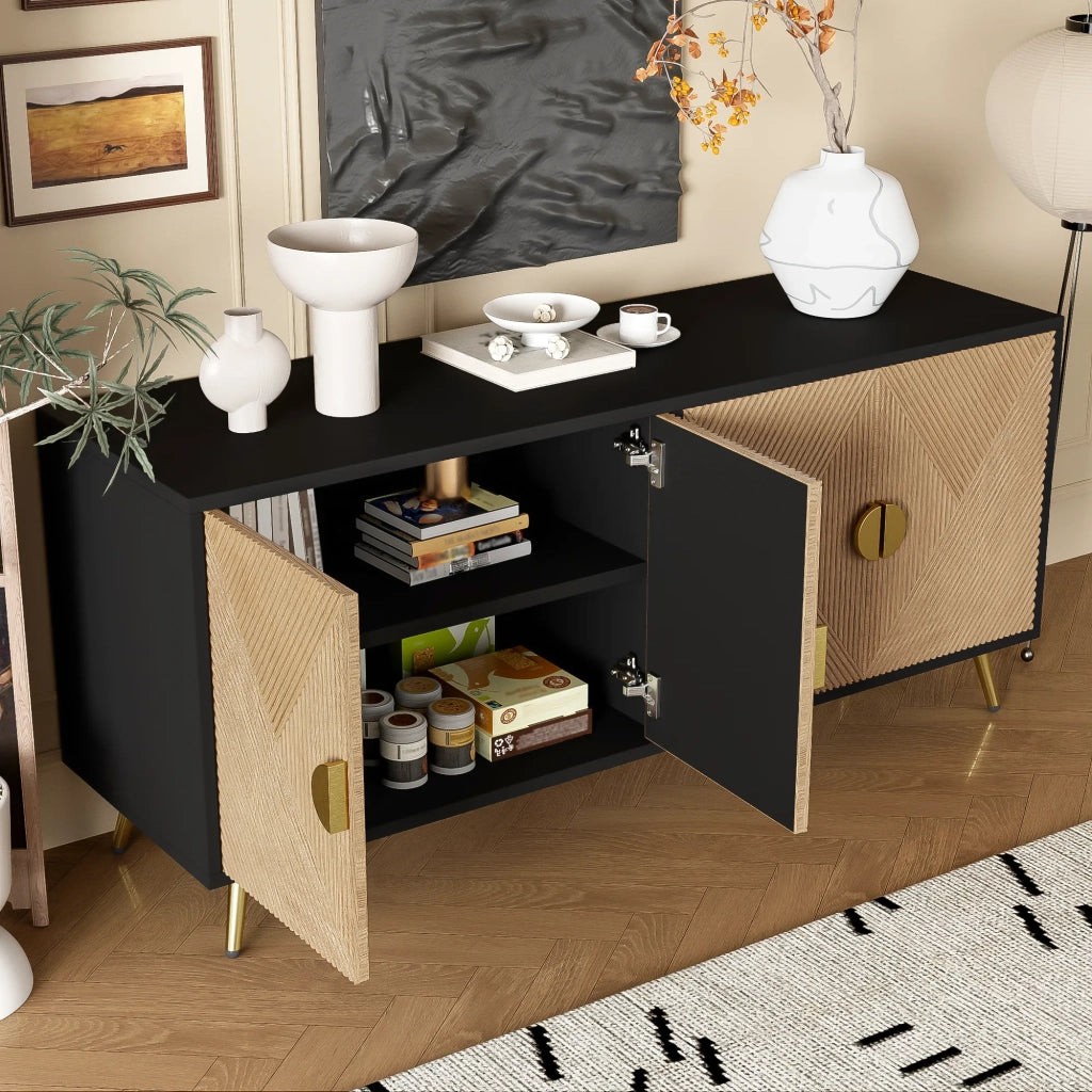Sideboard 160 cm, 4 ante, maniglie spazzolate oro e gambe tavolo lucide