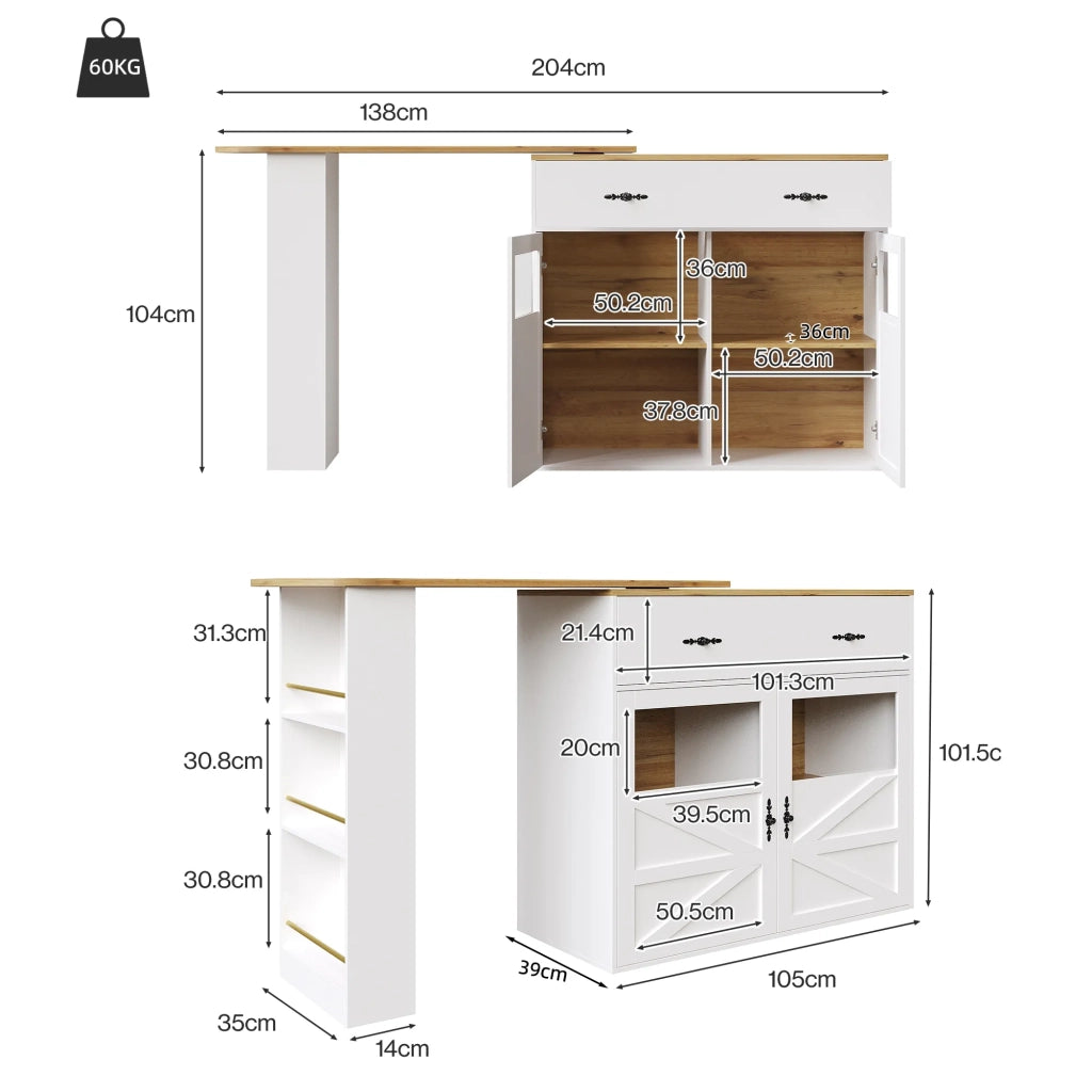 Tavolo bar allungabile bianco con ripiani, 138-204x39x104 cm, piano girevole a 360°, mobile alto moderno per cucina e bistrot