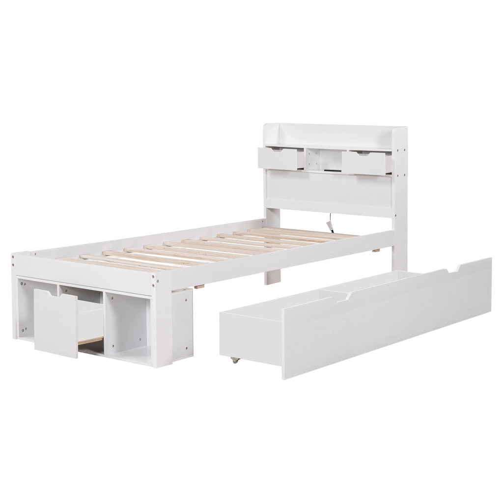 Letto singolo 90×200 cm con cassetti; armadio; USB e Type-C; rete inclusa; senza materasso; legno; bianco