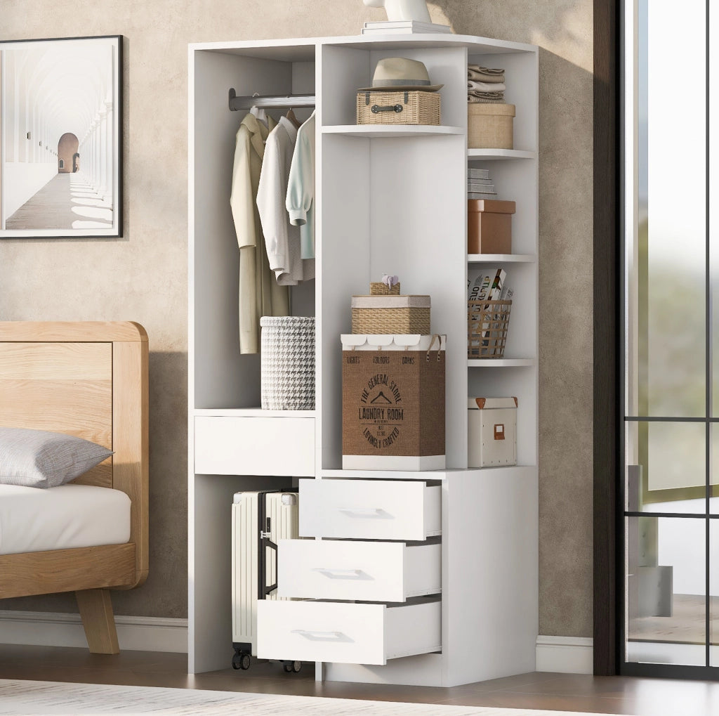 Armadio aperto 70x55x175 cm in MDF bianco con appendiabiti e cassetti