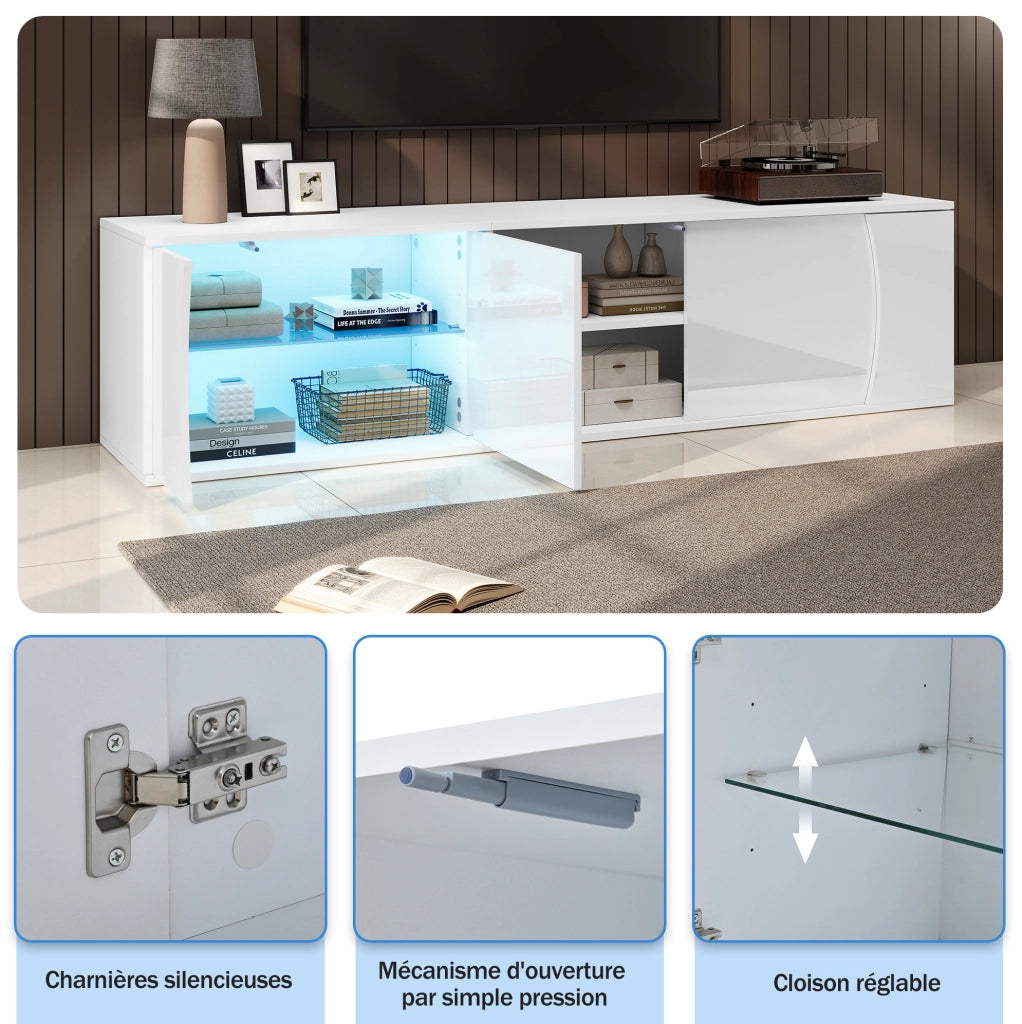 Mobile TV bianco lucido 180 cm con LED, 3 ante e ripiani in vetro