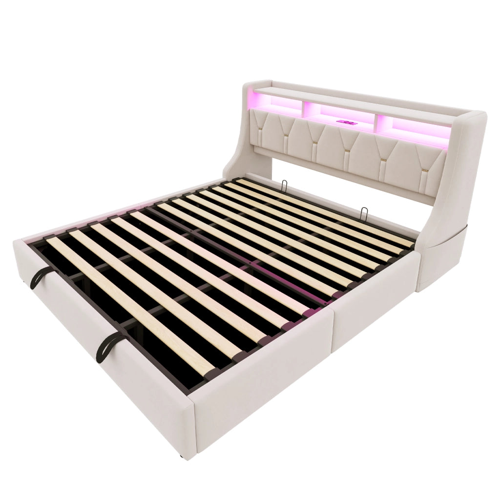 Letto Contenitore Matrimoniale 180x200 cm; USB; Type-C; LED; Velluto Beige