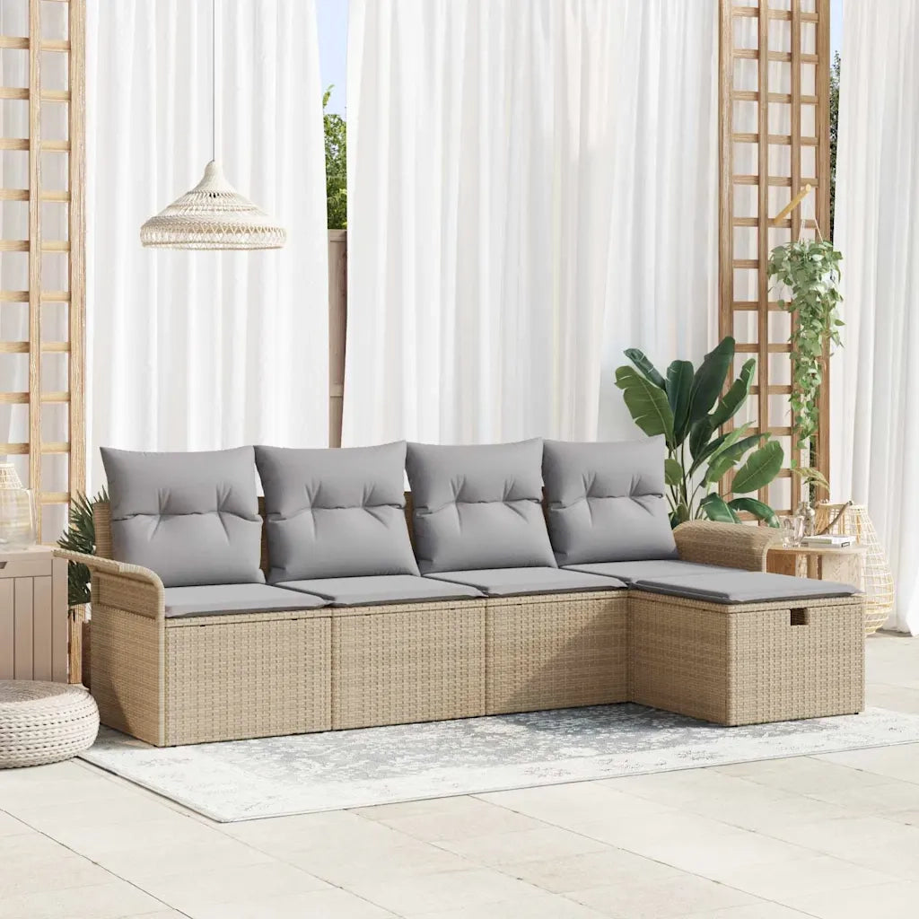 Set Divano da Giardino con cuscino 5 pcs Beige Poly Rattan
