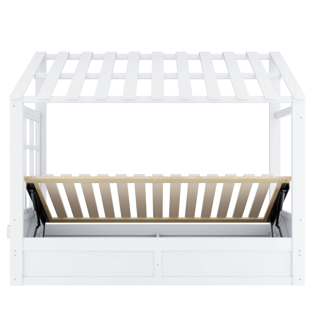 Letto per bambini stile country 90 x 200 cm con tetto, finestra, contenitore idraulico e vani laterali - Bianco