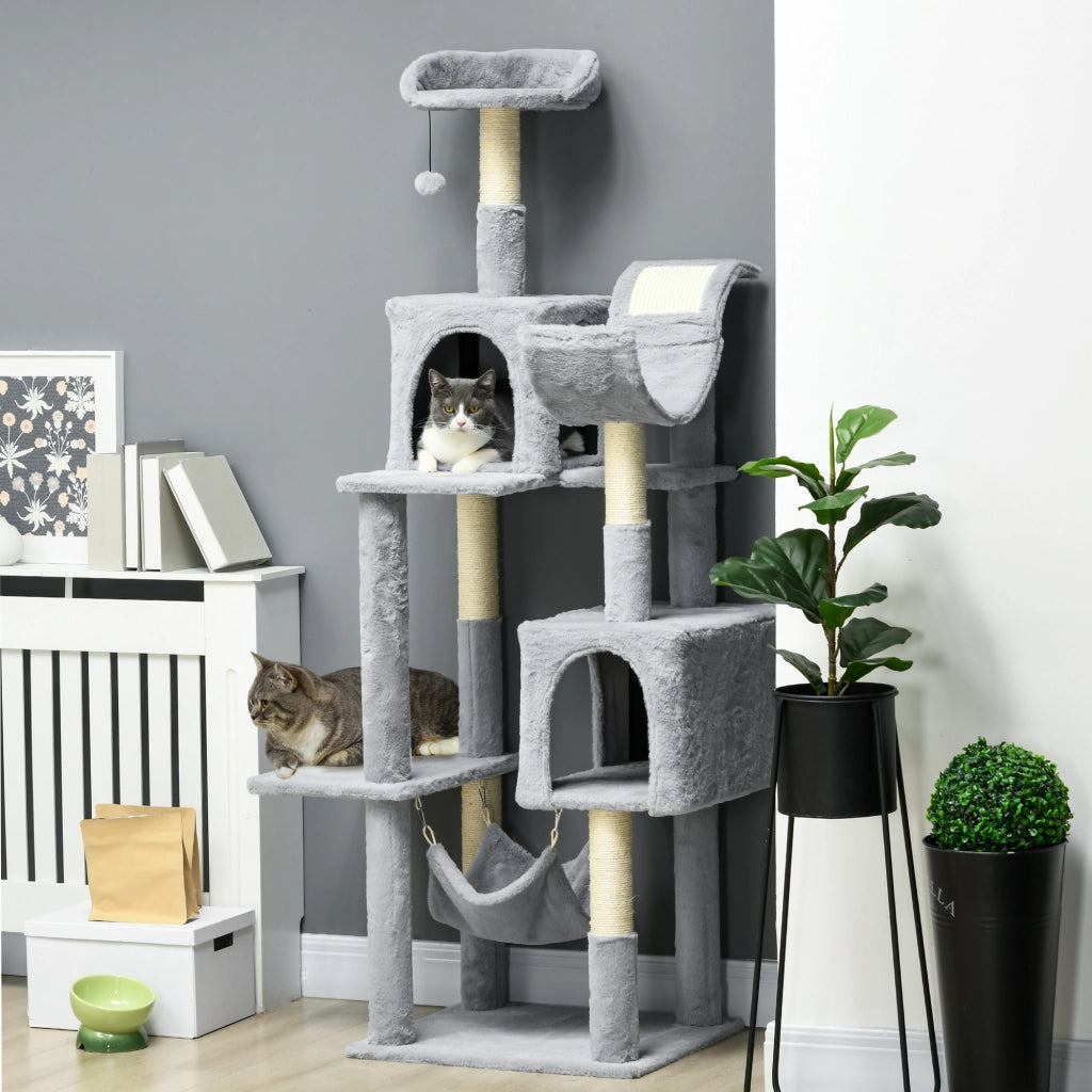 EasyComfort Albero per Gatti con Amaca, Lettino e 2 Casette, in Truciolato e Peluche, 55x49x177 cm, Grigio e Bianco