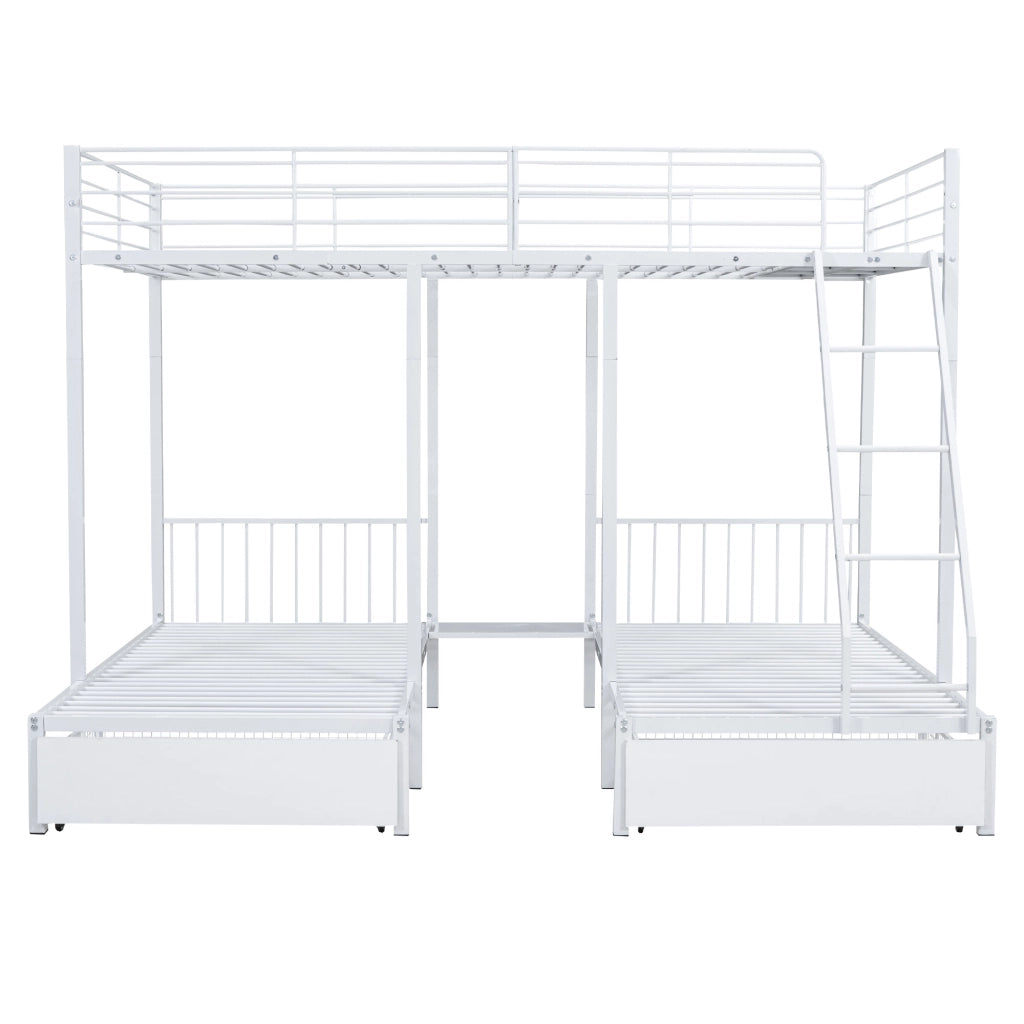 OKWISH Letto a Castello 140×200 cm e 90×200 cm, Letto 3 Posti con 2 Cassetti, Convertibile e Sponde, senza Materasso, Bianco