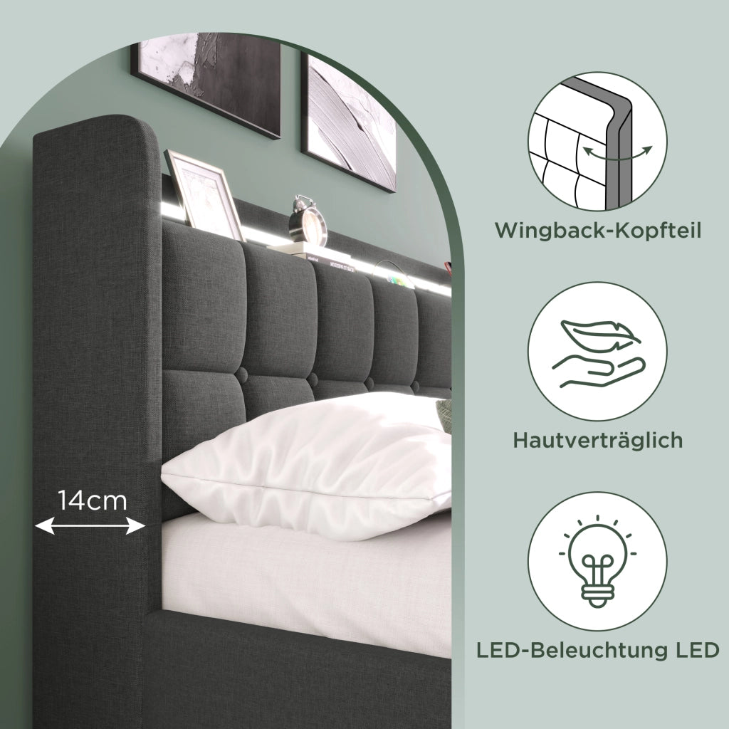 Letto con cassetti 90 × 200 cm con LED prese USB e due cassetti laterali struttura in metallo grigio