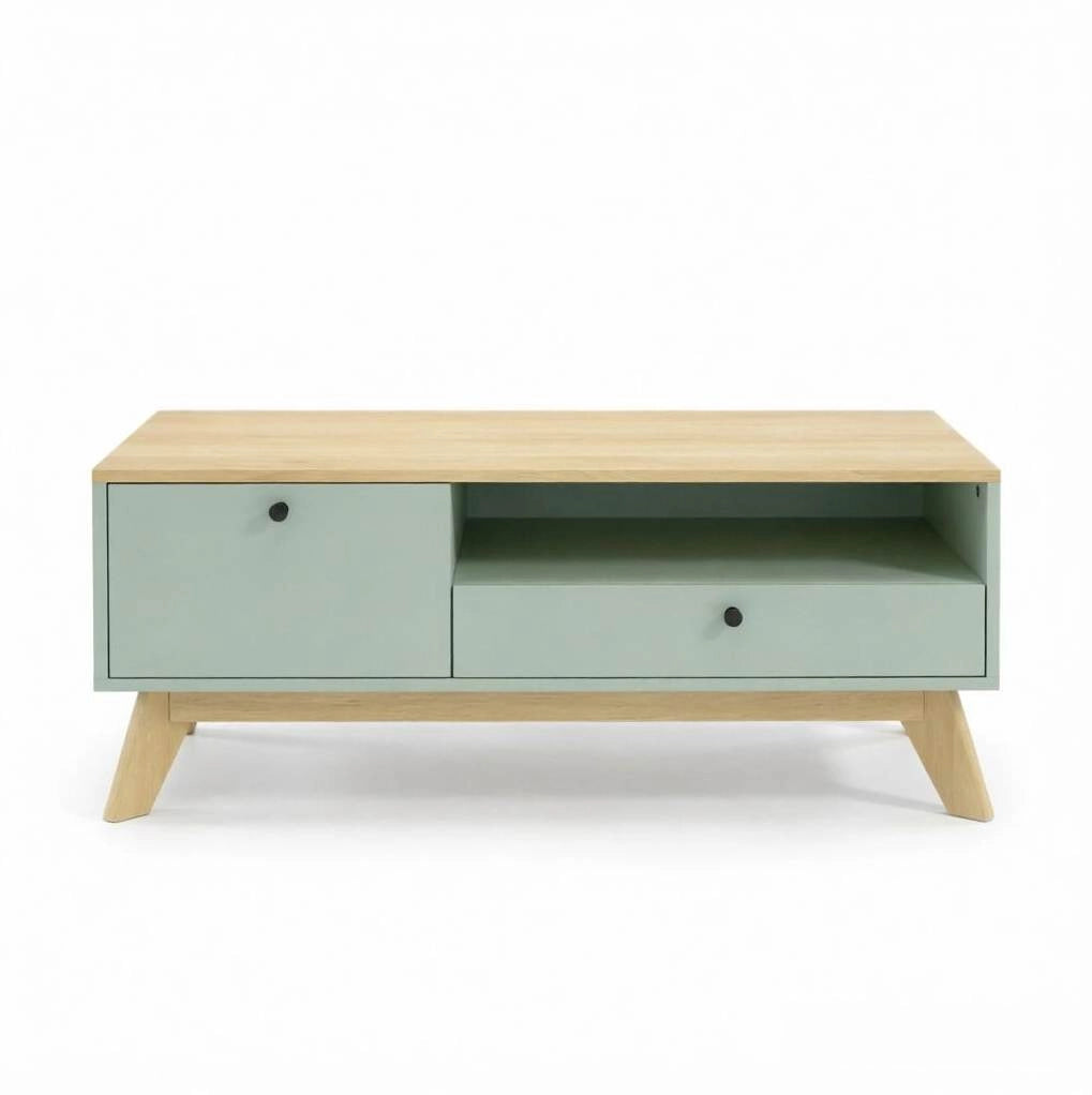 Tavolino da caffè rettangolare in MDF verde chiaro con cassetto; anta e vano aperto; 100x50x40 cm