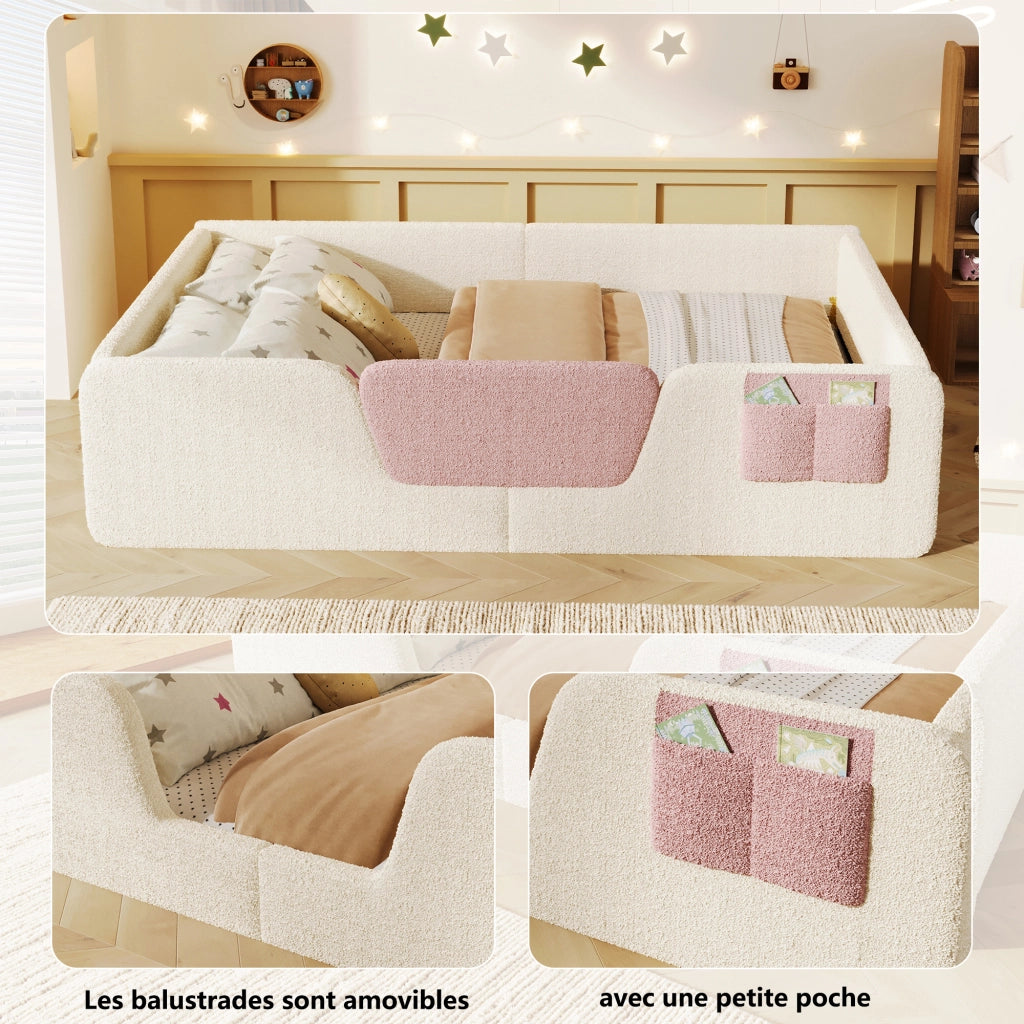 Letto a terra 140 x 190 cm con sponde di sicurezza rimovibili, letto matrimoniale con tasca in tessuto integrata, velluto beige, rete a doghe inclusa