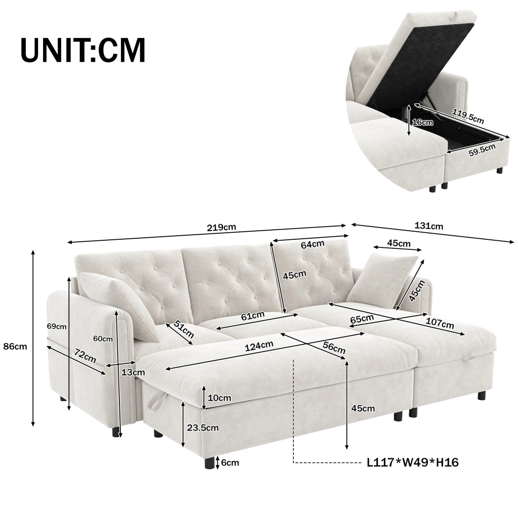 Divano letto angolare 219 cm beige con 2 cuscini e ricarica wireless