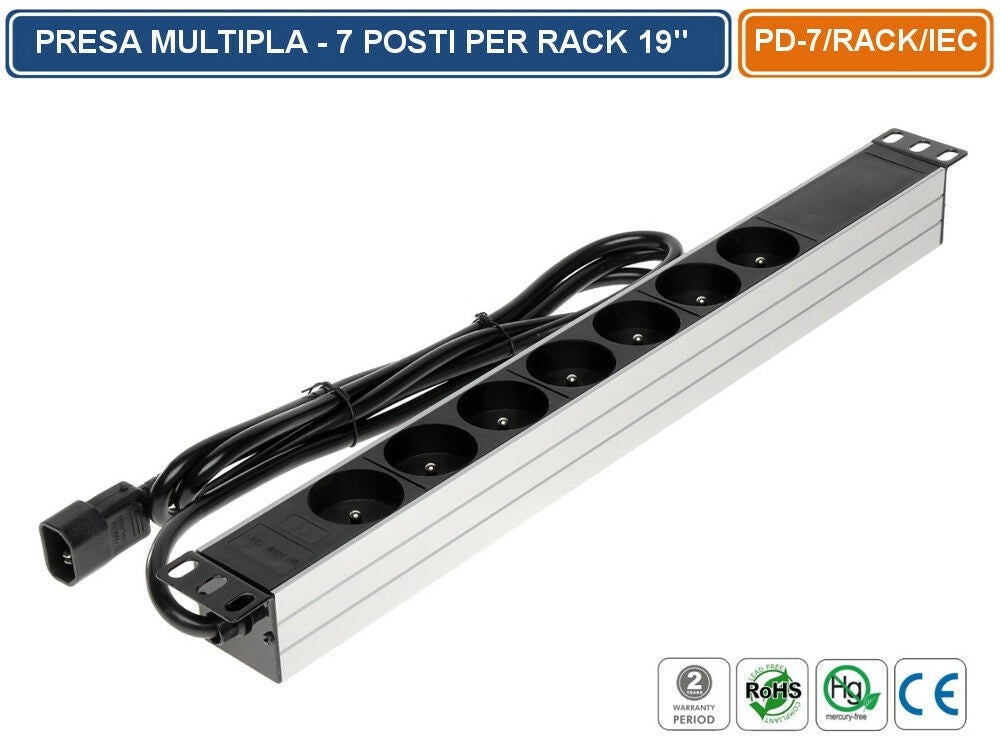 MULTIPRESA SCHUKO 16A 3680 WATT 7 POSIZIONI PER MONTAGGIO ARMADI RACK 19" 1U