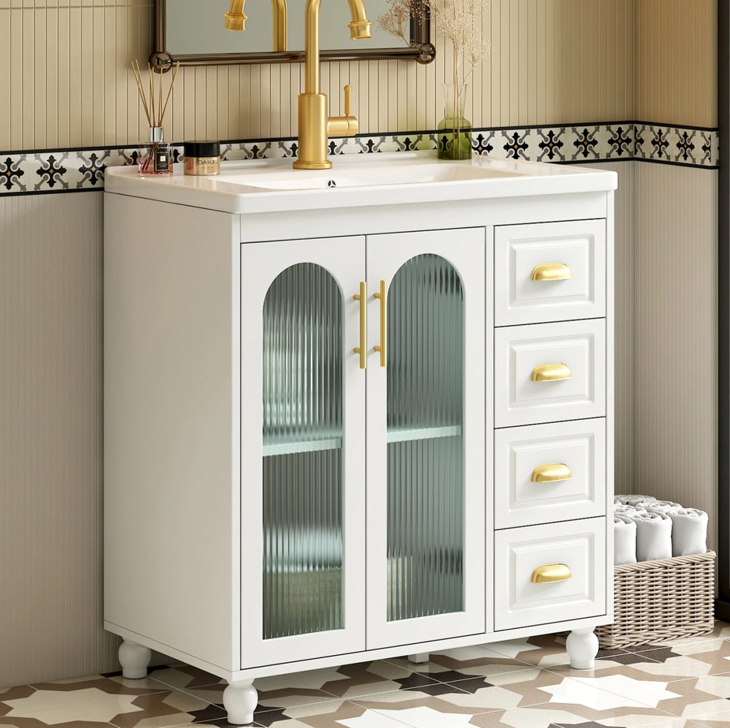 Mobile bagno con lavabo in ceramica bianco 80 cm con armadietto e cassetti