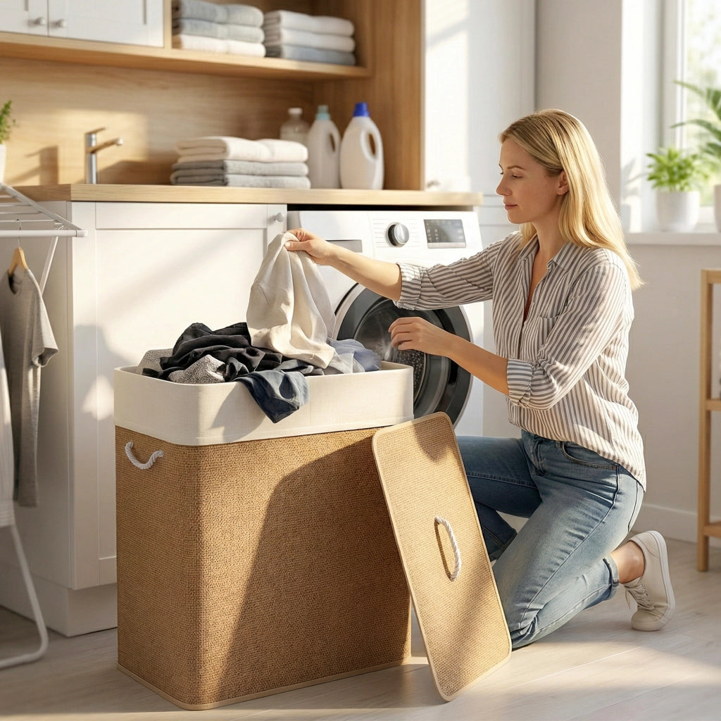 Cesto Portabiancheria in Bambu con Coperchio 100L a 2 Scomparti Sacco Rimovibile Maniglie in Corda Salvaspazio per Casa Bagno