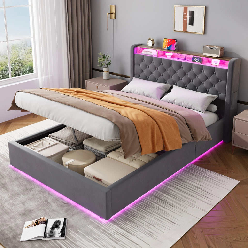 Letto imbottito 140 × 200 cm con contenitore, mensola testiera, LED e porte USB in velluto holland grigio