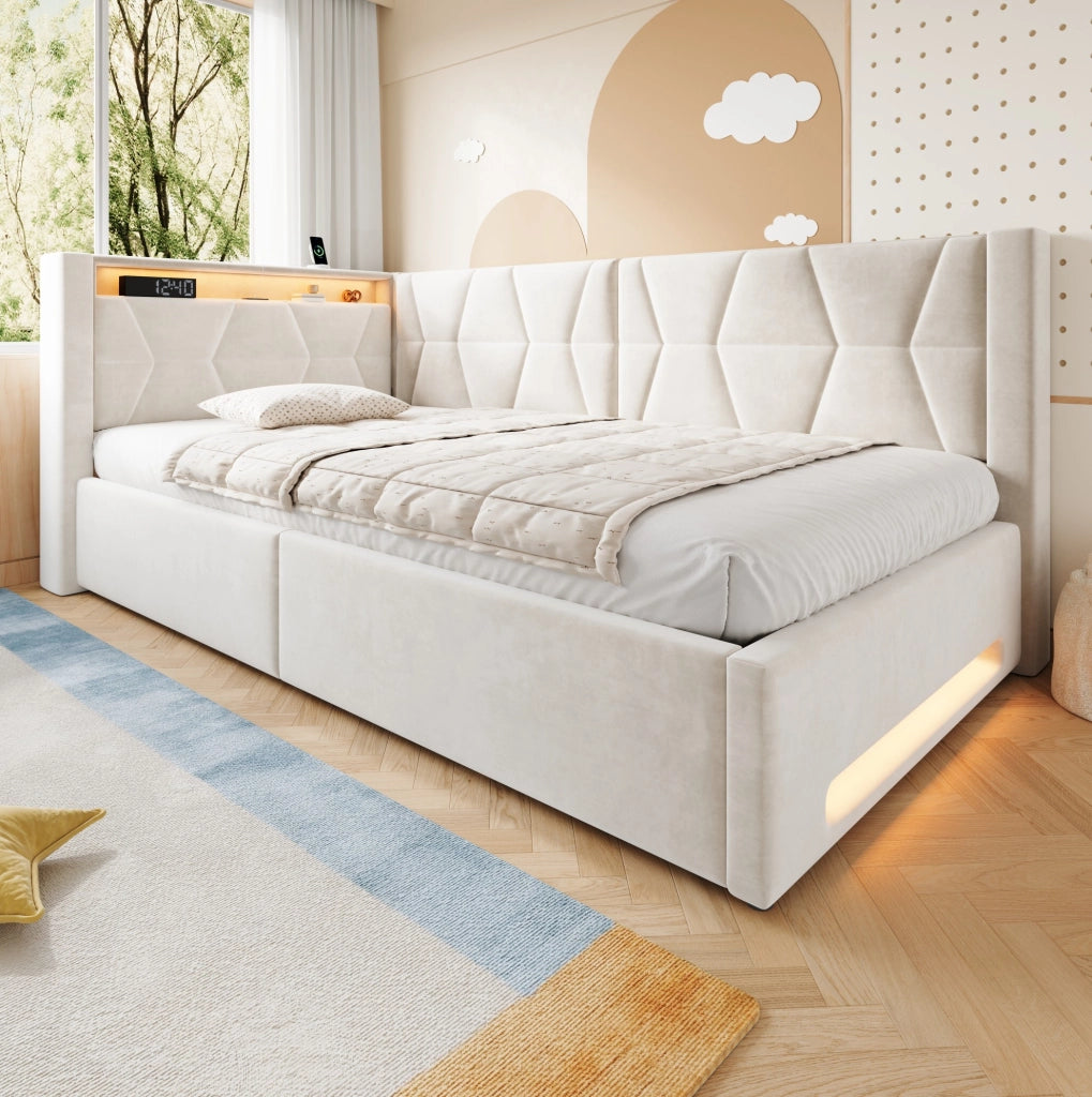 Letto imbottito beige 90 x 200 cm con contenitore, LED, USB e Type-C