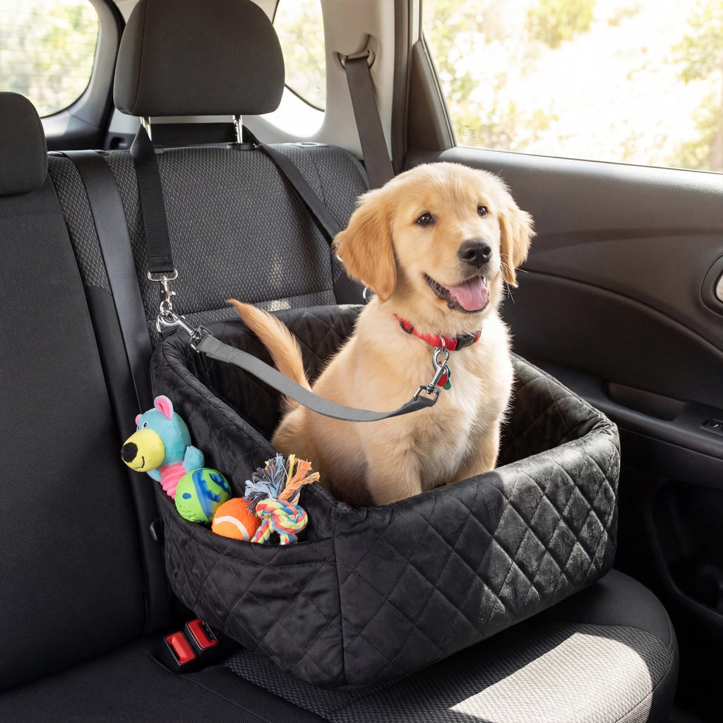Trasportino auto per cani con cuscino corde di fissaggio tasche, Seggiolino per cani di piccole e medie taglie Nero