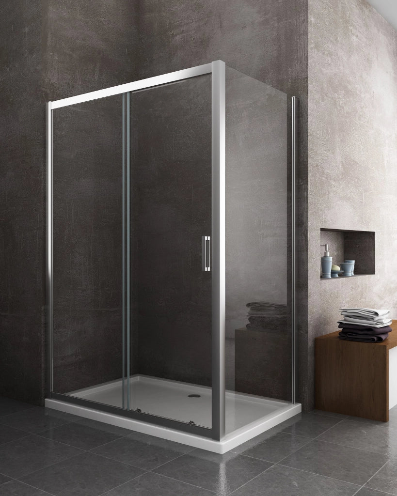 Box doccia angolare parete fissa e ANTA FISSA + PORTA scorrevole vetro 6 mm MISURA 67,5-70 ANTA FISSA + PORTA 135-140
