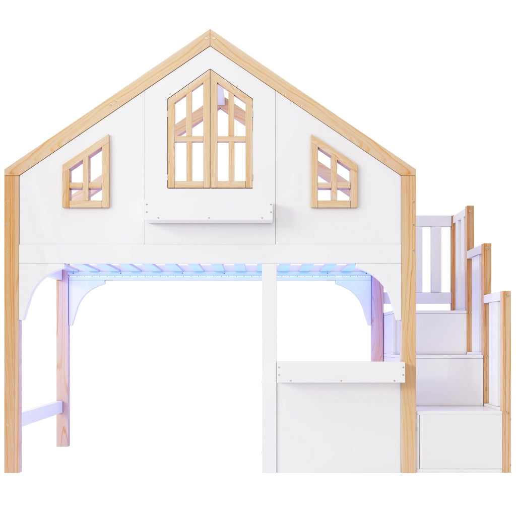 Letto a castello a casetta 90x200 cm con LED e scala contenitore; bianco e naturale