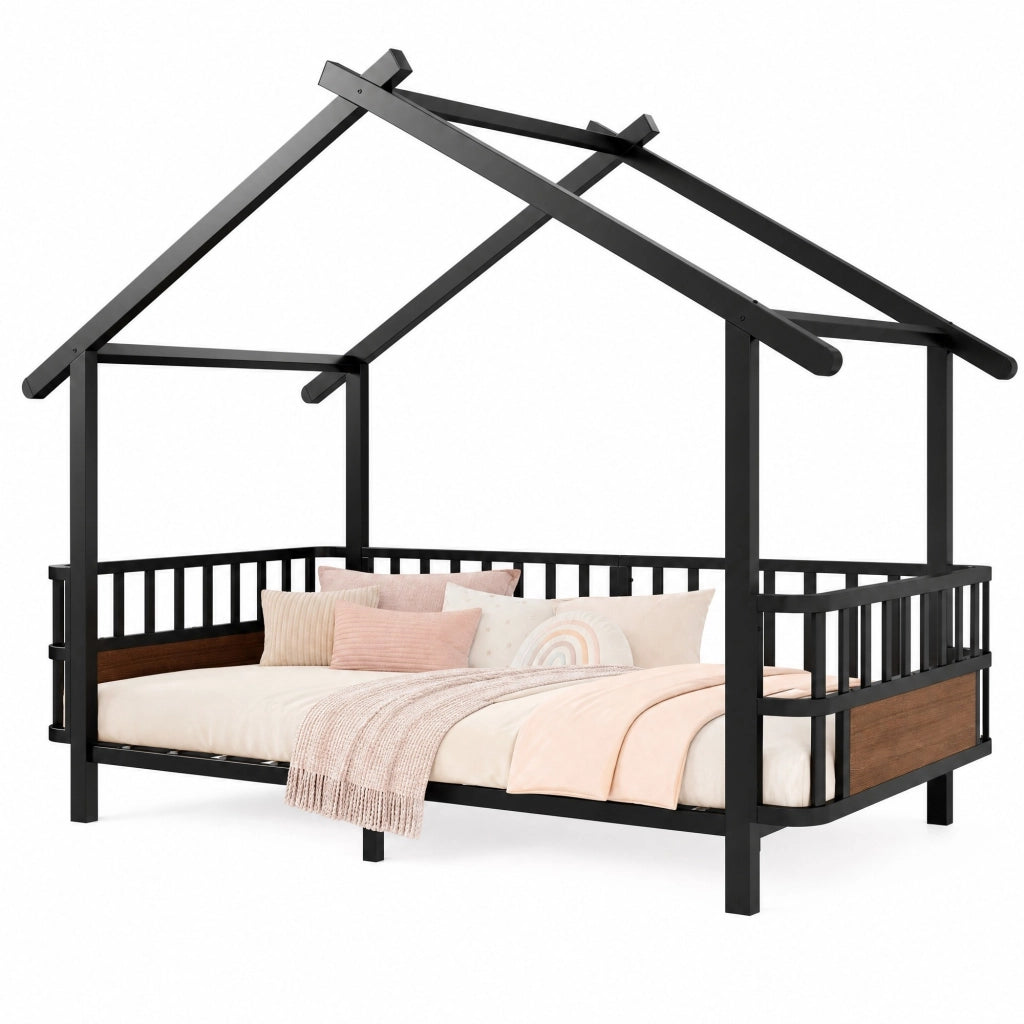 Letto singolo per bambini 90x200 cm a casetta in metallo nero con sponde di sicurezza HOMVRA
