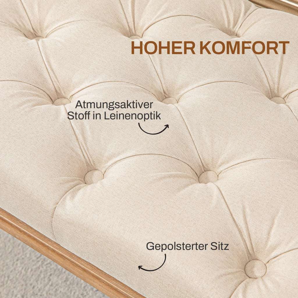 Panca da letto imbottita con bottoni e gambe in legno, stile francese, in poliestere bianco crema, 120 × 41 × 48 cm