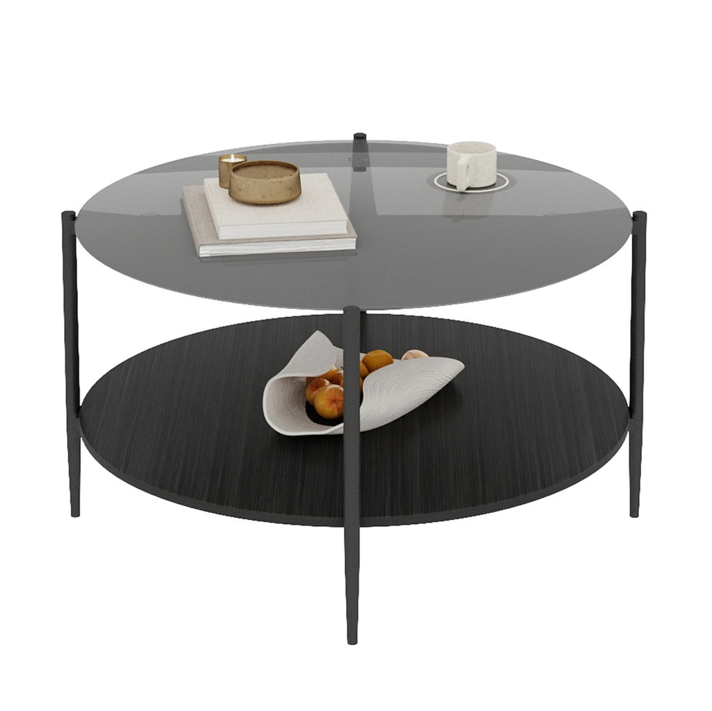 Tavolino da caff¨¨ rotondo ?82x45 cm a due ripiani in vetro temperato nero