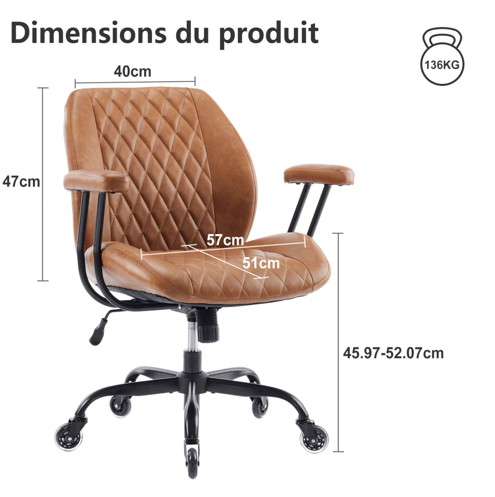Sedia da ufficio ergonomica in pelle marrone con braccioli regolabile e girevole