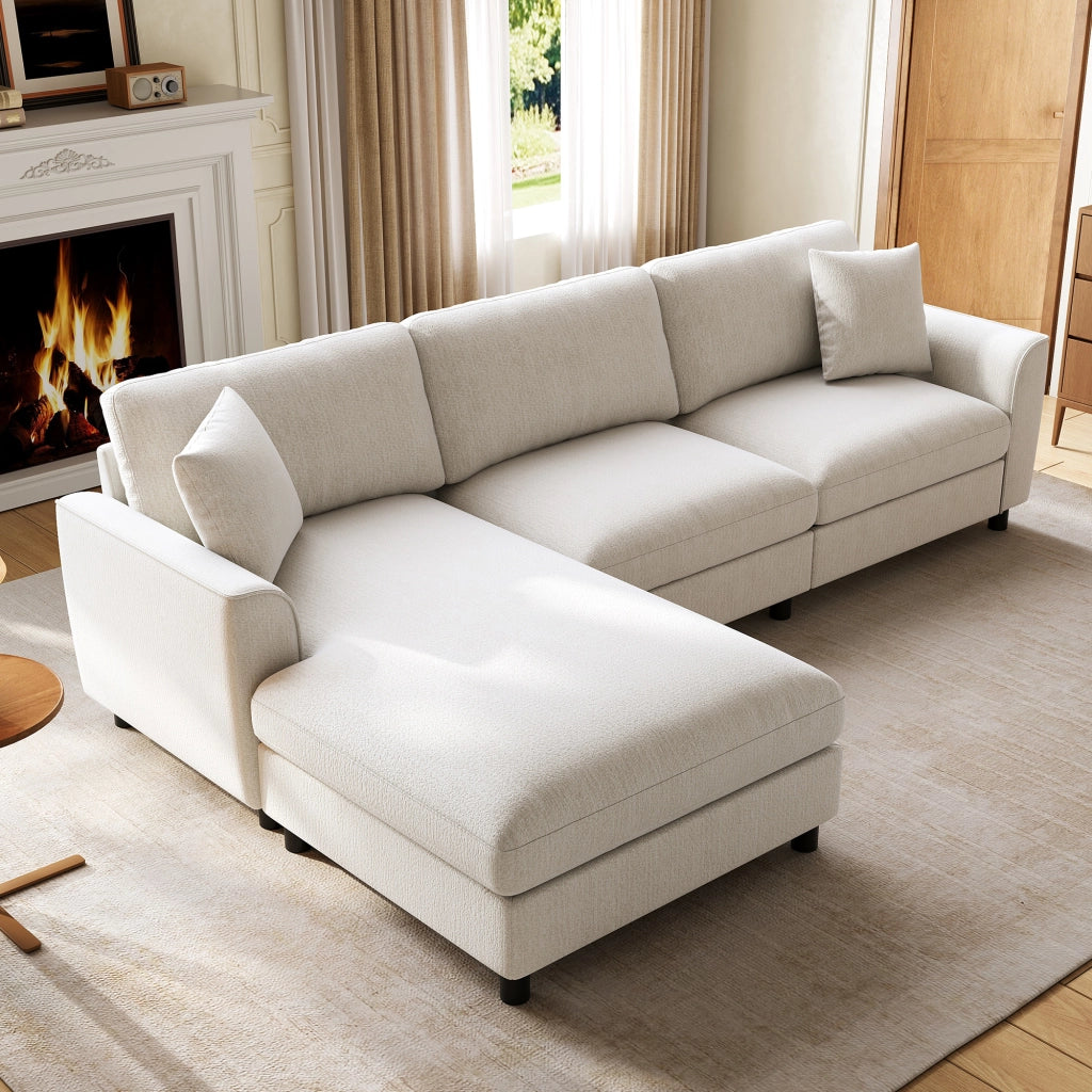 Divano angolare beige a 3 posti con chaise longue reversibile 90 cm in ciniglia