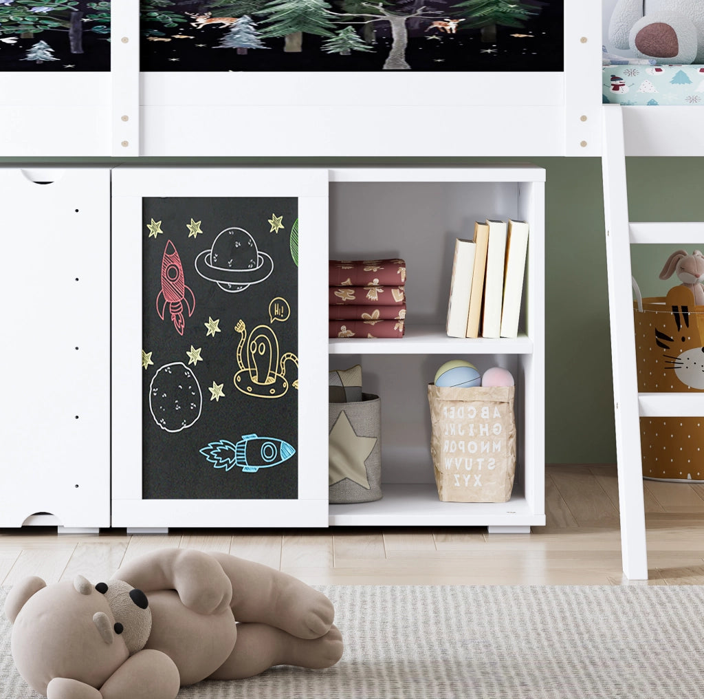 Letto a soppalco bambini 90x200 cm con armadio e lavagna