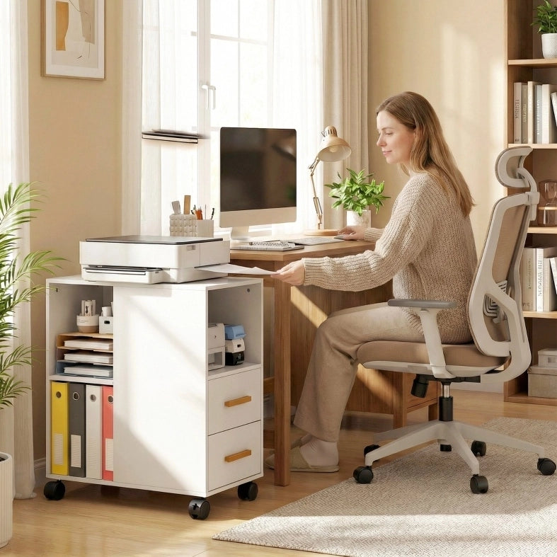 Carrello porta stampante con ripiano regolabile, 60x30x65 cm, bianco, con ruote
