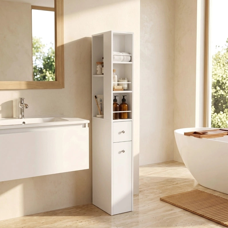 Armadio bagno alto slim 135 cm con 2 cassetti, 2 ripiani laterali e 3 scomparti, bianco