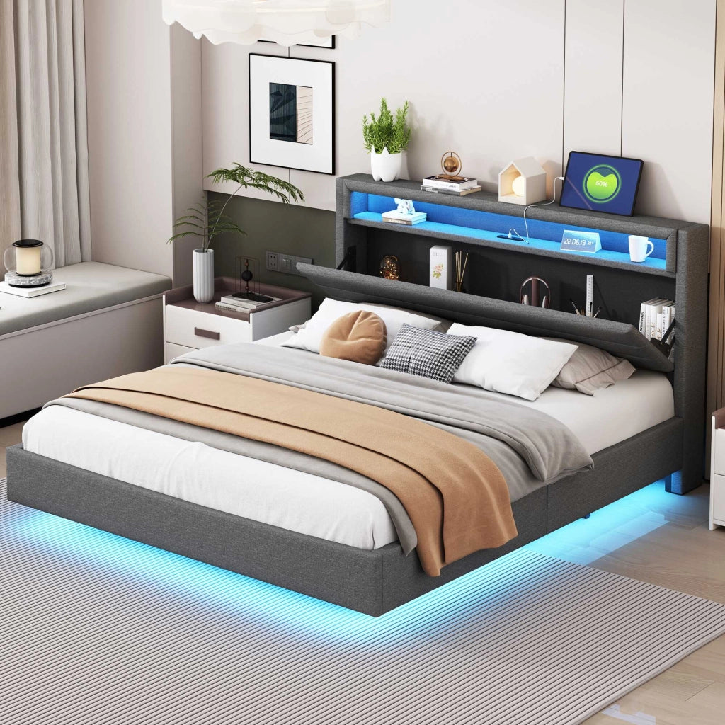 Letto matrimoniale imbottito 160x200 cm con LED; USB e testiera con vani; in tessuto tipo lino; grigio