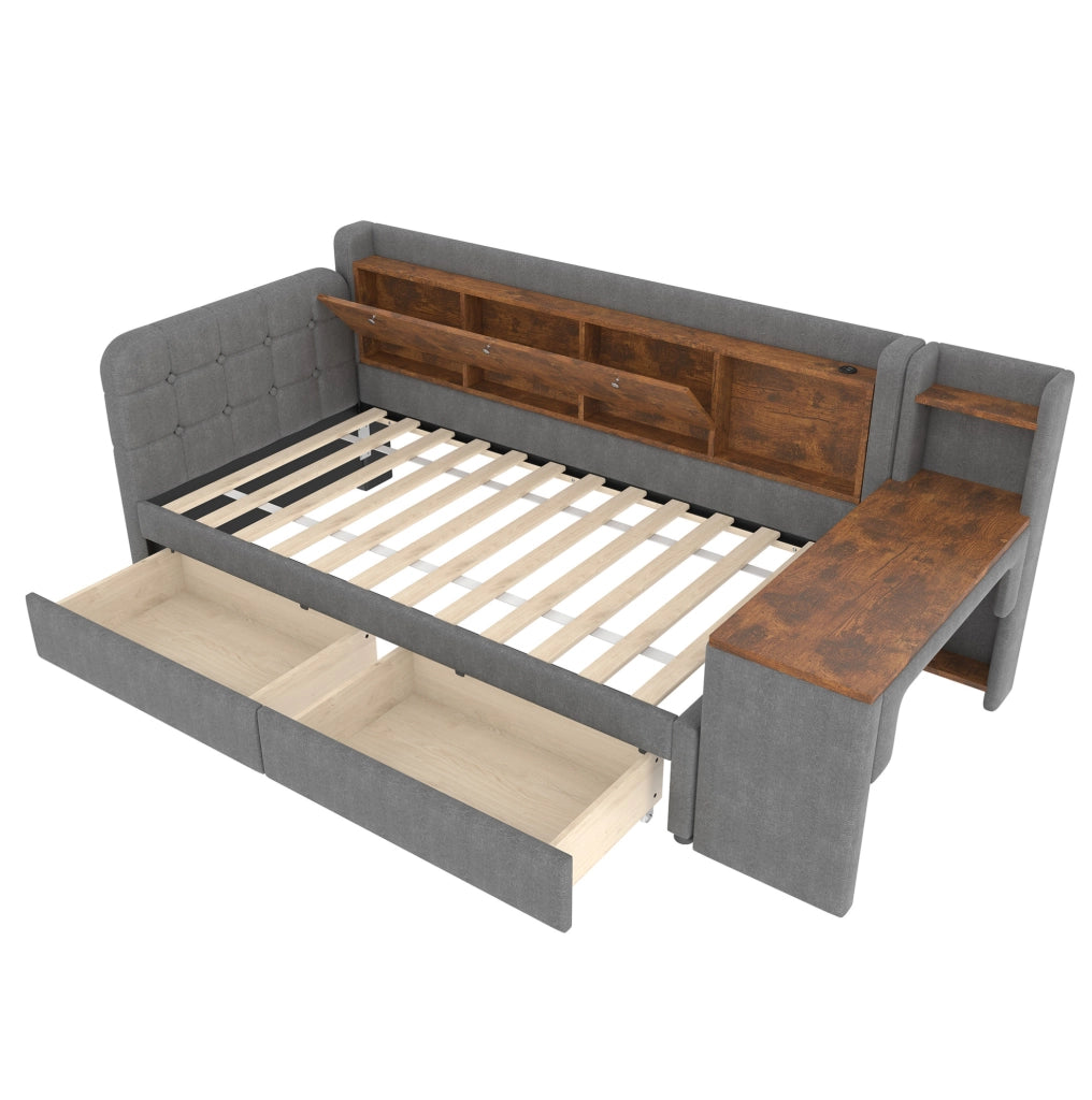 LETTO Giorno 90x200 cm Grigio in lino con scrivania, 2 cassetti e USB Tipo C