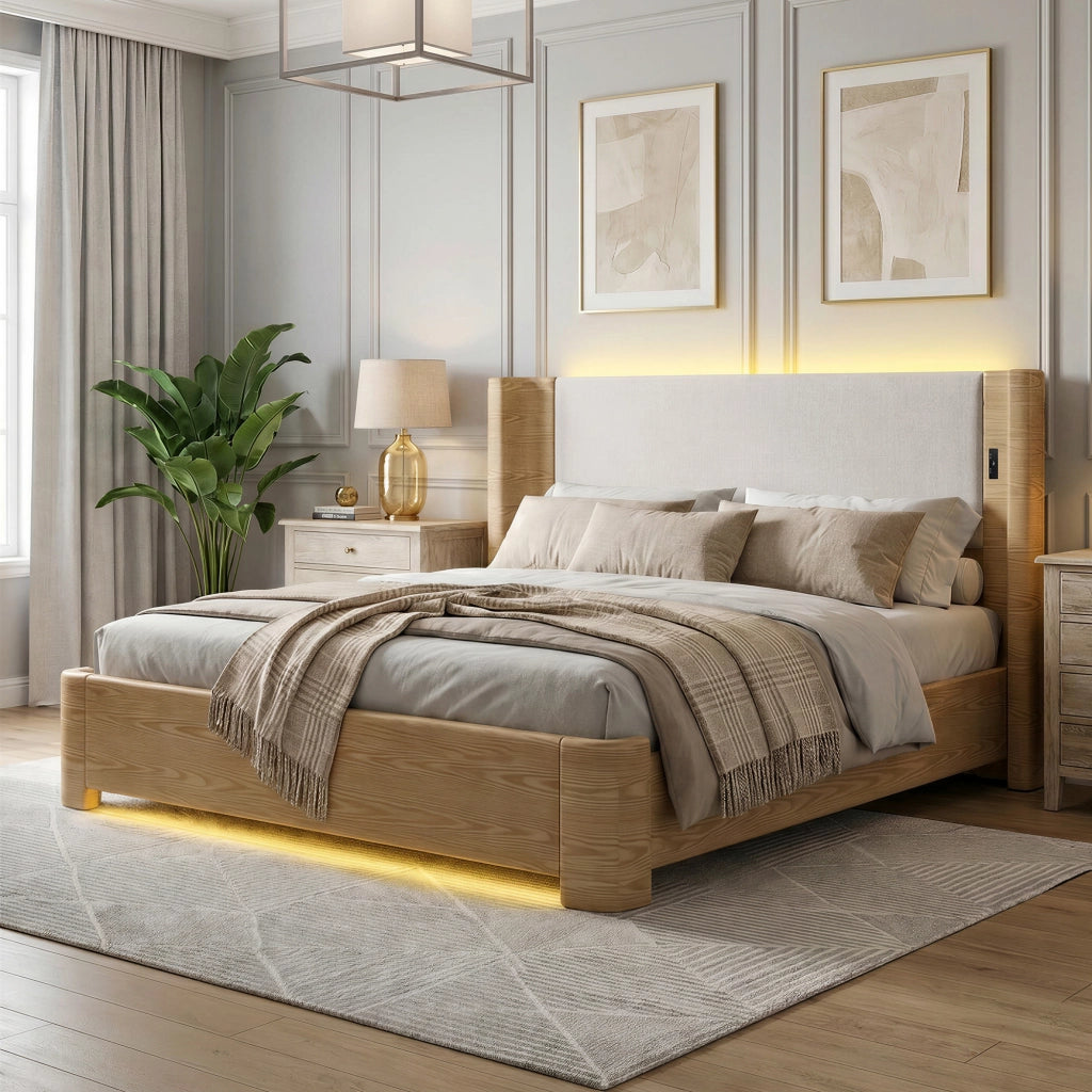 Letto contenitore 180 × 200 cm con sollevamento idraulico 750 N LED a 7 colori telecomando beige