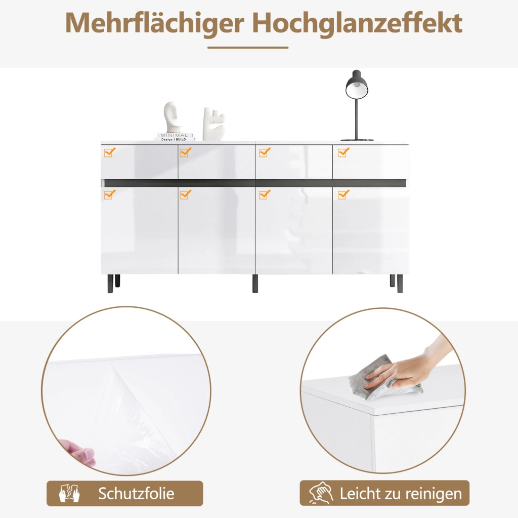 Sideboard bianco lucido con 4 cassetti e 2 ante