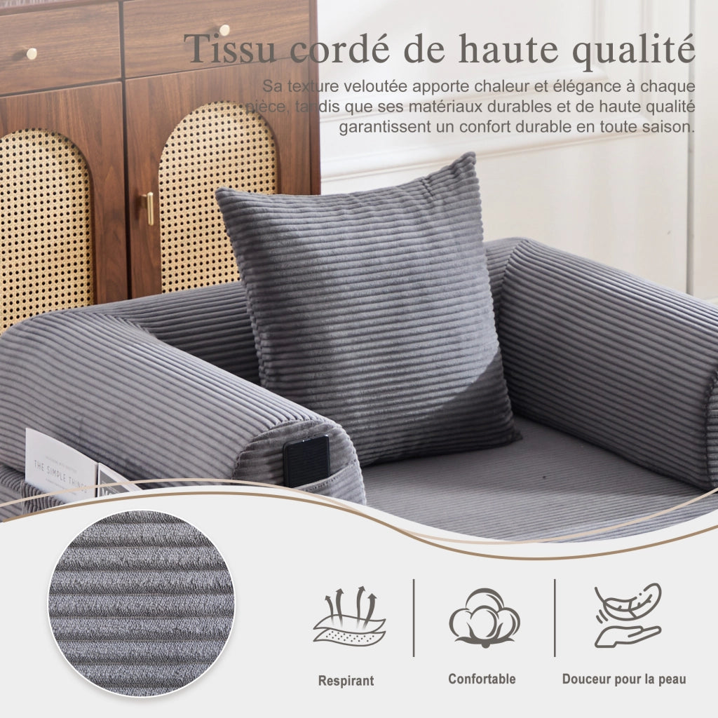Poltrona con pouf modulare a compressione con tasca laterale e cuscino in velluto a coste grigio scuro